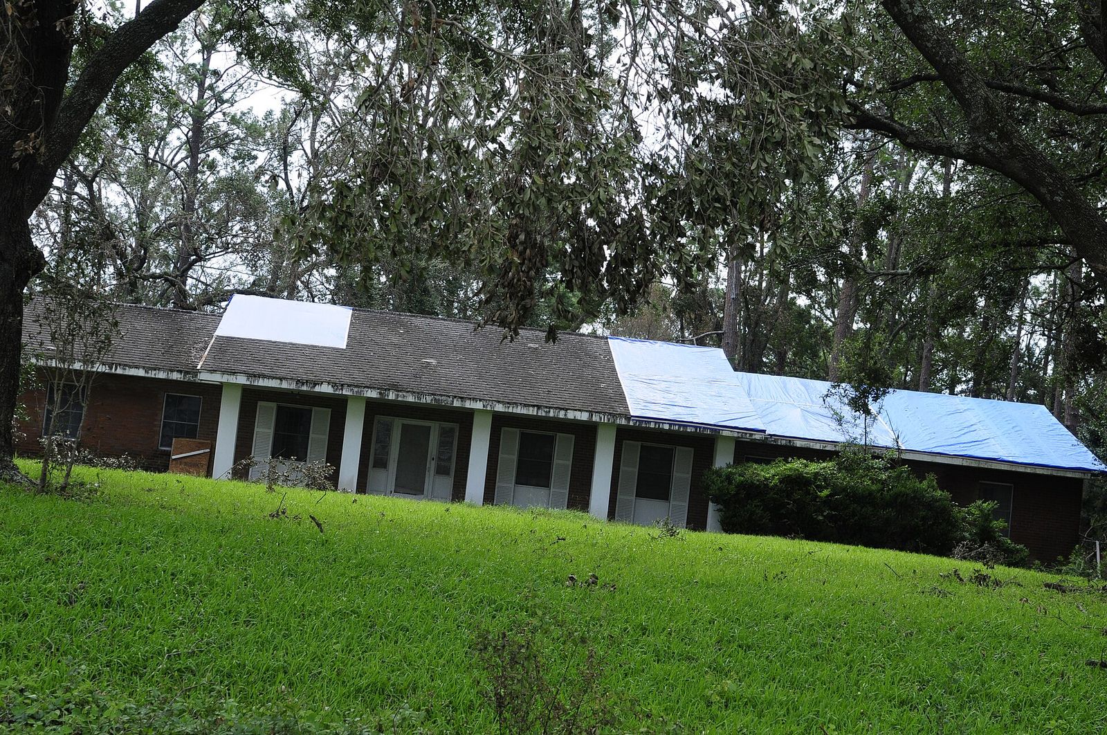 Single-story home with a blue tarp over storm damage on the roof