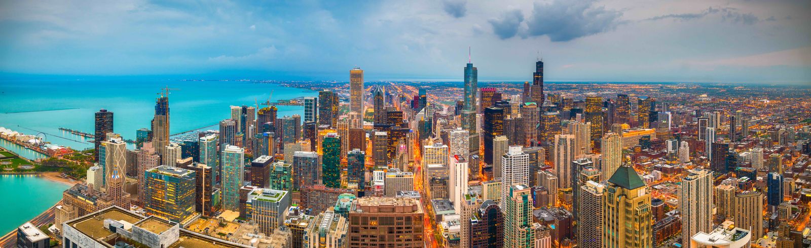 Aerial panorama of the Chicago skyline and lakefront